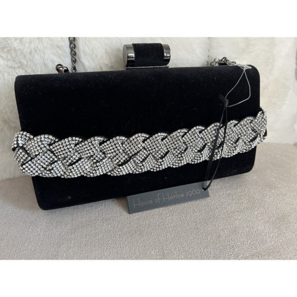 NWT House Of Harlow 1960 Black Crossbody Clutch Velvet Black Rhinestone